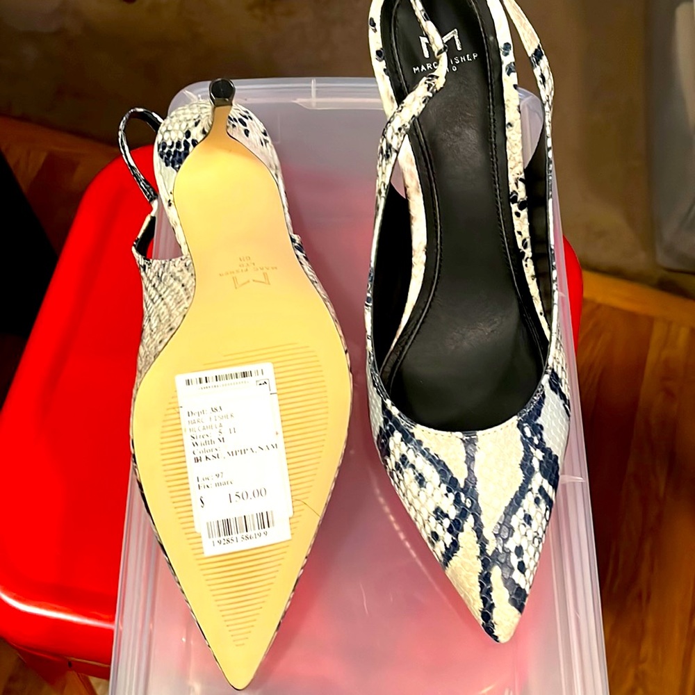 Marc Fischer Snake skin pointy toe heels with sling back stiletto heel